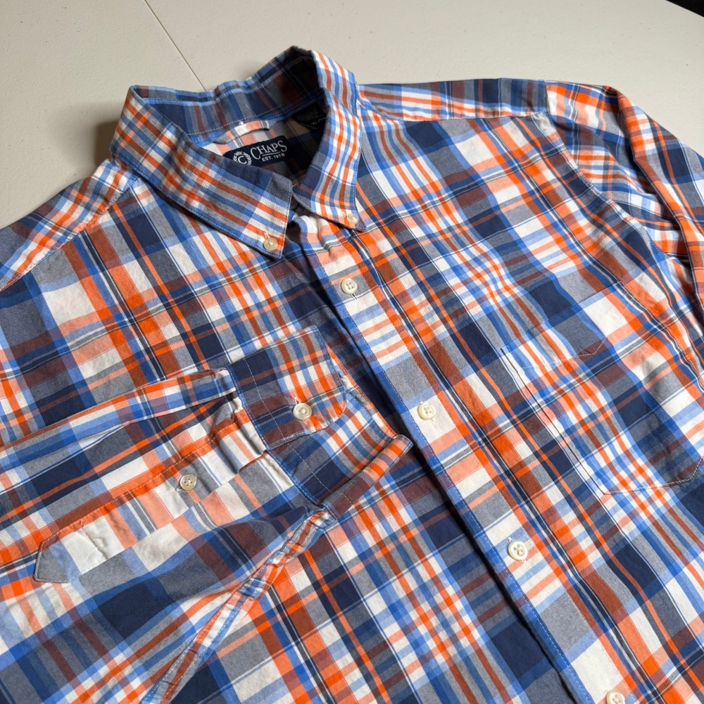 Chaps Mens XL Long Sleeve Button Down Shirt Orange Blue Plaid Cotton Classic Fit